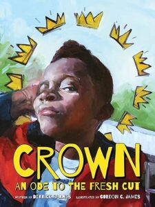 Crown: An Ode to the Fresh Cut: “Illustrative book cover of ‘Crown: An Ode to the Fresh Cut’ showing a black boy smiling in a barber’s chair.